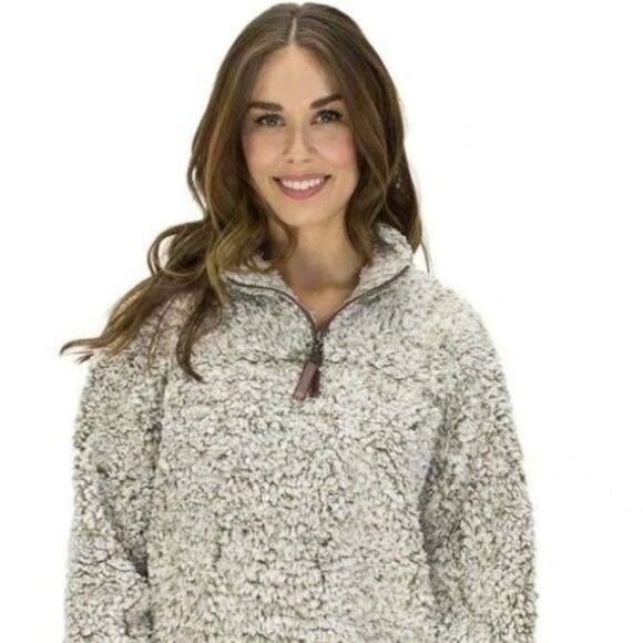True Grit Small Frost Tipped 1/4 Zip Pullover Soft Pile Fleece Tan White - Picture 1 of 10
